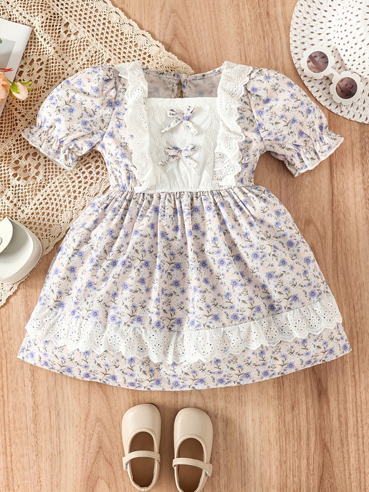 Girls Flower Print Puff Sleeve Dress for Party