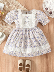 Girls Flower Print Puff Sleeve Dress for Party