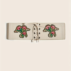 Vintage Flower Embroidery Wide Belt Lace Up Elastic Waistband