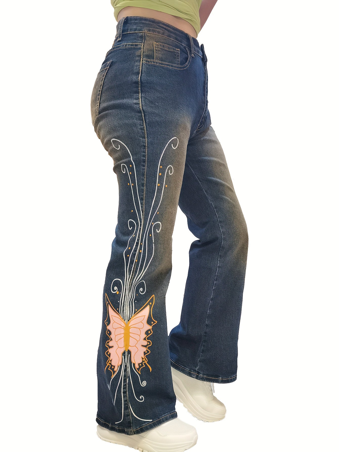  Butterfly Print Flared Leg Jeans With Pockets