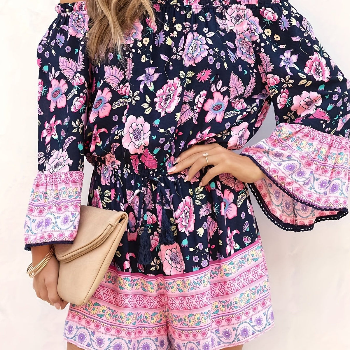 Off Shoulder Floral Print Romper Boho Long Sleeve Jumpsuit