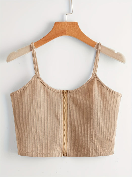Ribbed Knit Solid Zipper Cami Vest Women's Casual