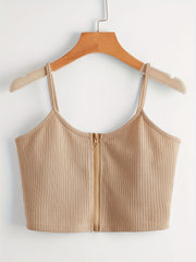 Ribbed Knit Solid Zipper Cami Vest Women's Casual