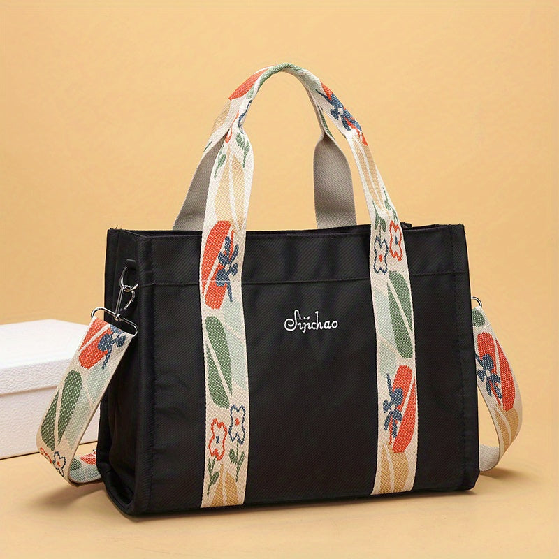 Canvas Tote Handbag with Flower Print Strap
