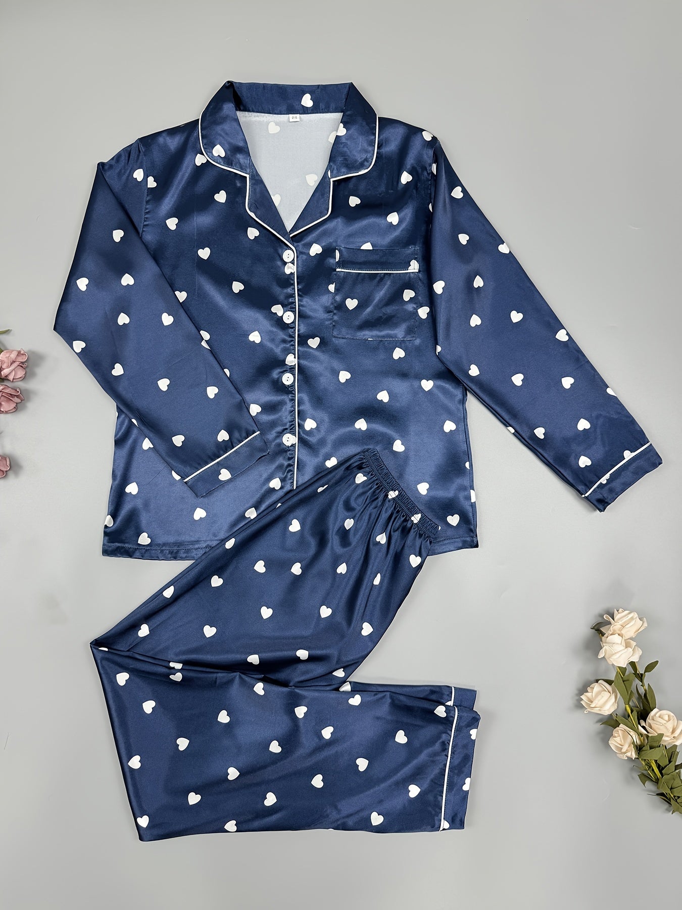 Heart Print Pajama Set Long Sleeve Buttons Top & Elastic Waistband Pants