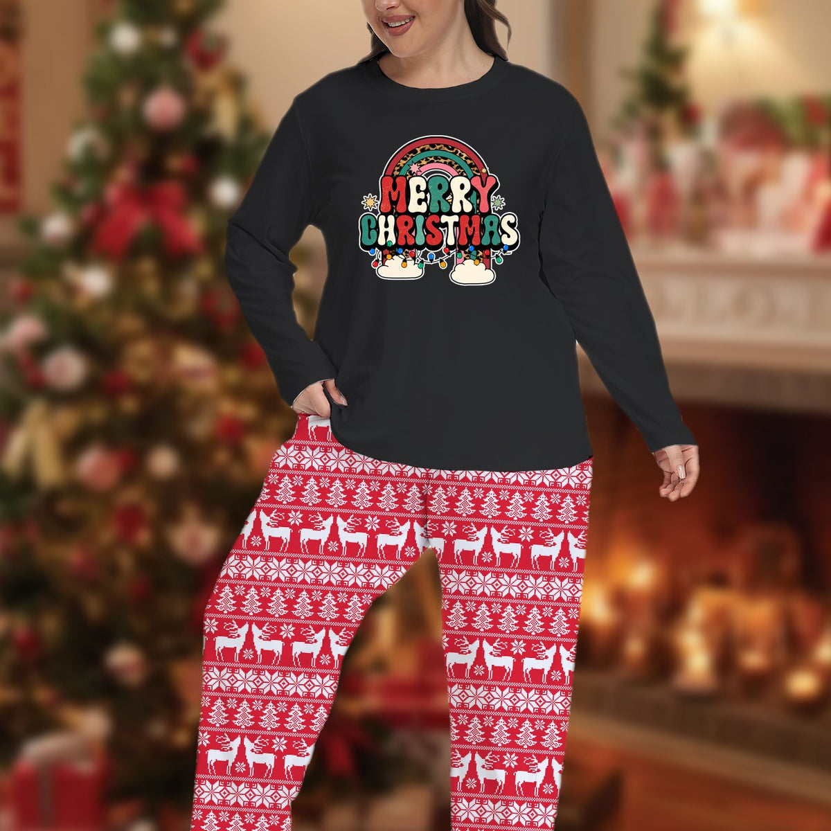  Christmas Pajamas Set: Slogan & Lights Graphic Tee & Striped Pants