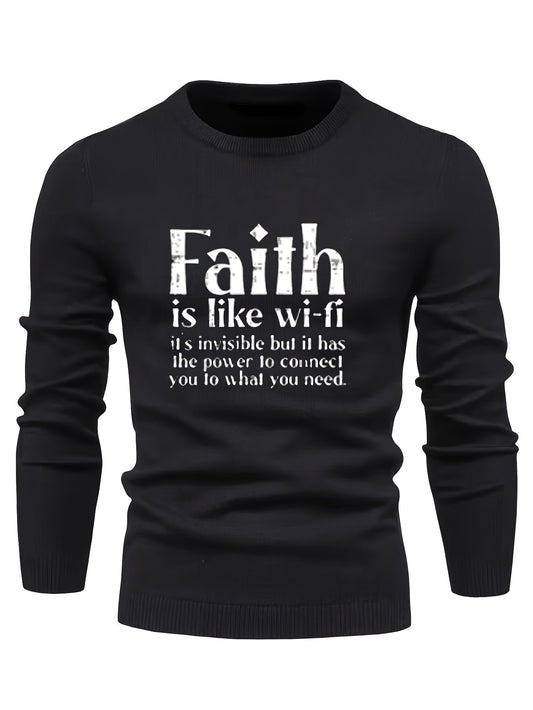 FAITH Retro Style Print Sweater Men's Casual Crew Neck Pullover