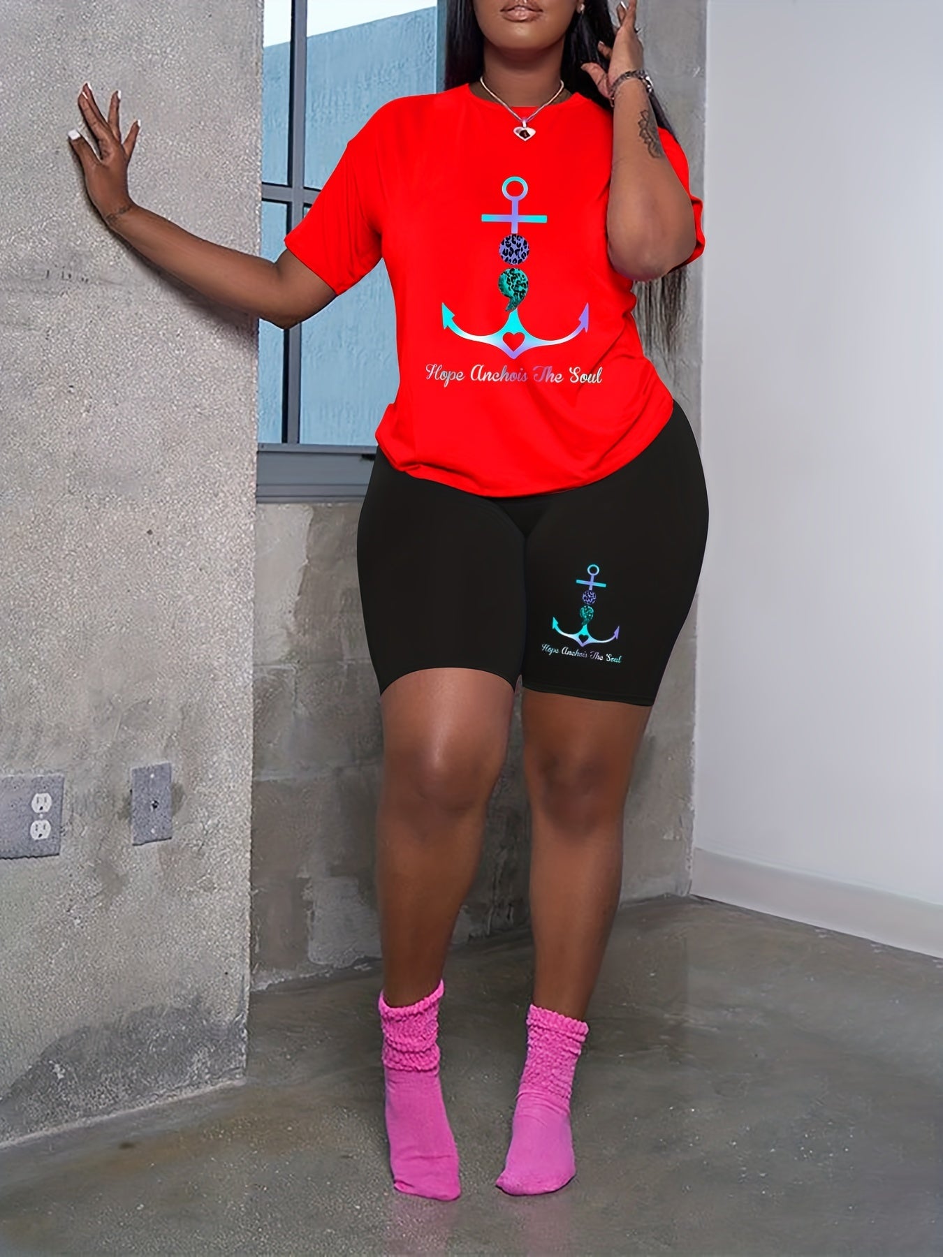Women's Plus Anchor & Slogan Print 2 Piece Set