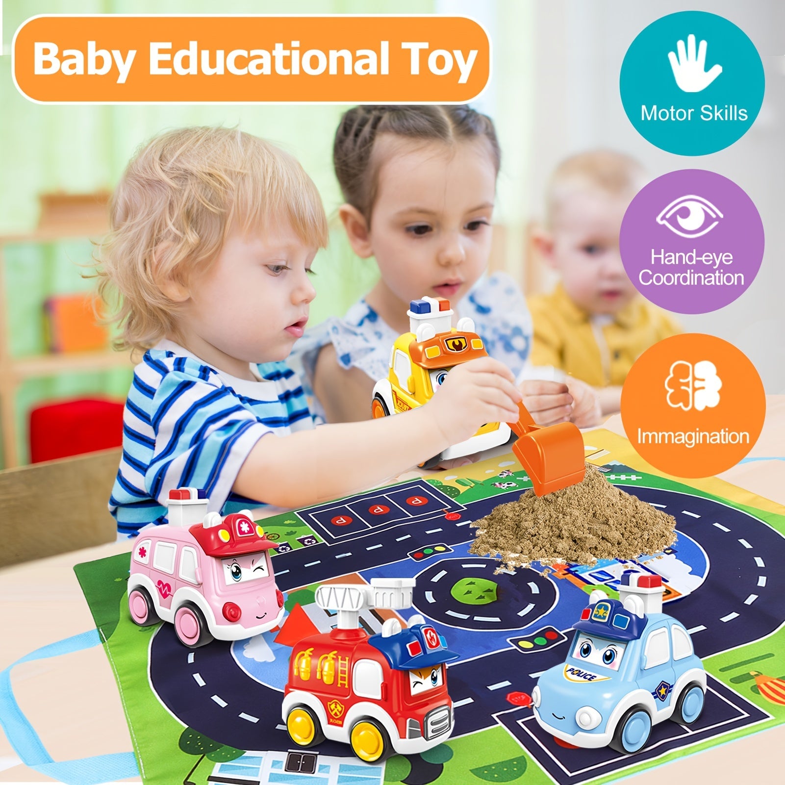 Toddler Car Toy Set with Map Mat and Storage Bags