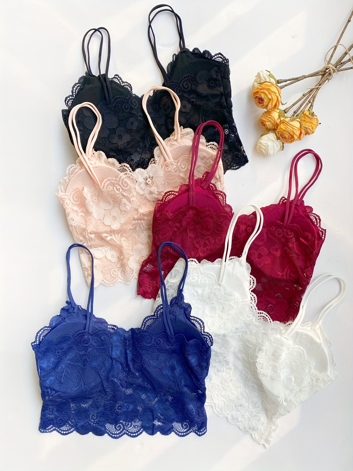 Floral Lace Scallop Trim Bralettes Double Straps Chest Pad Lingerie