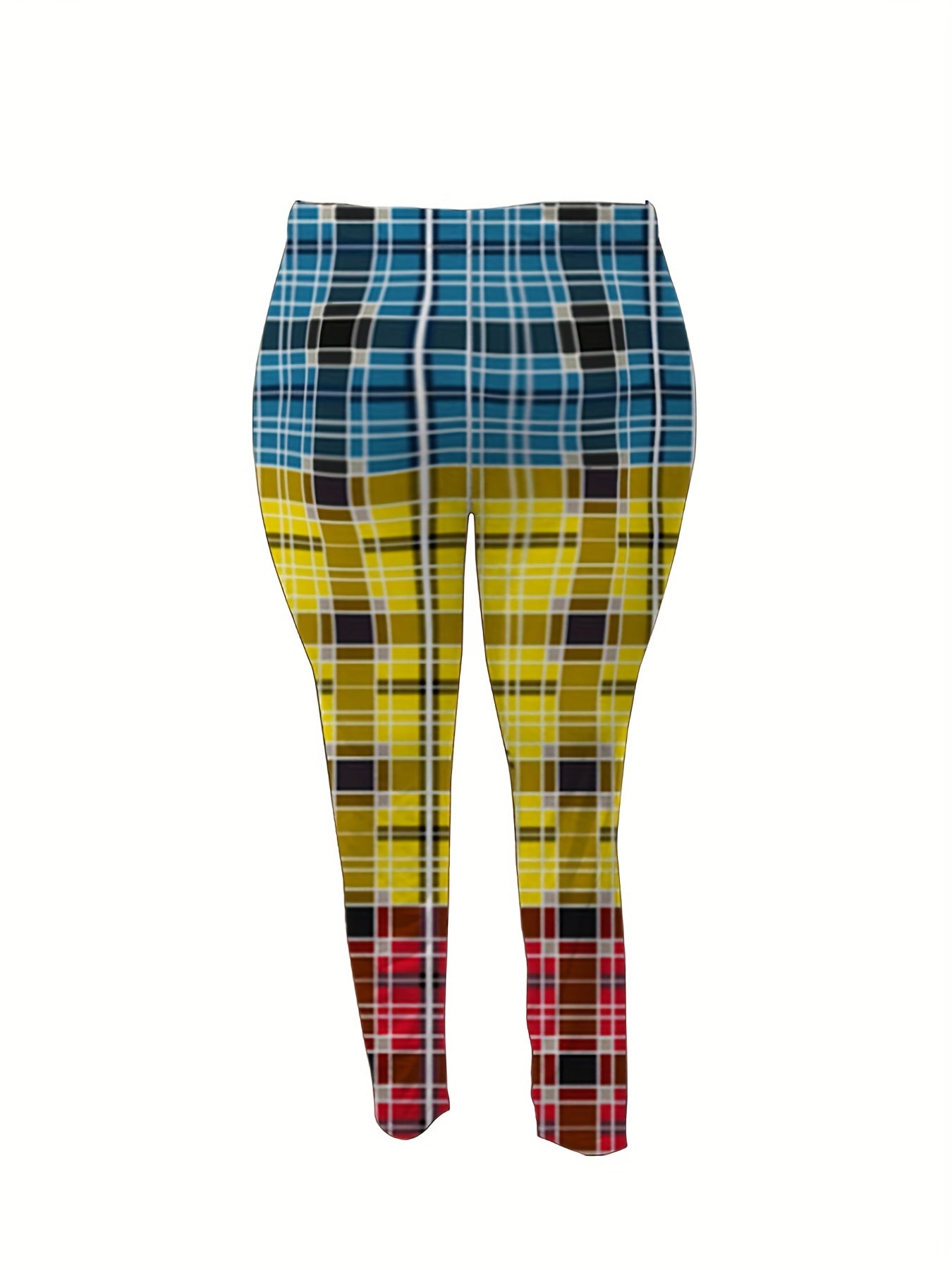  Colorblock Plaid Print Leggings Medium Stretch Elastic Waist