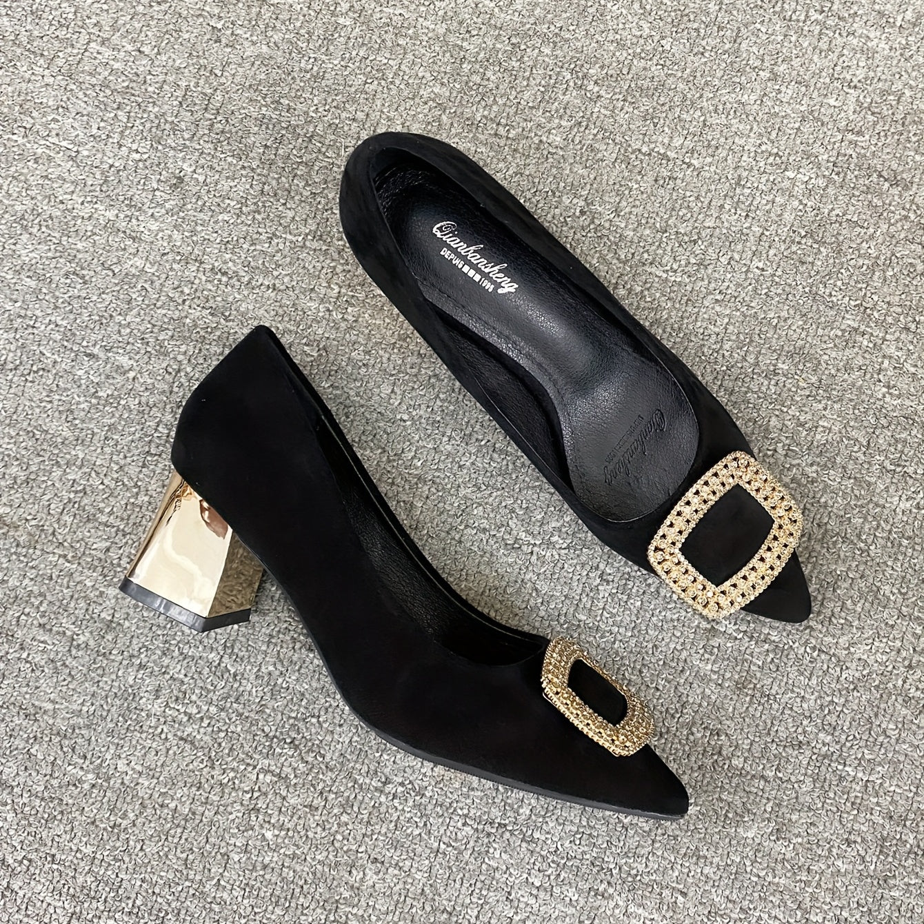 Women's Pointed Toe High Heels Square Metallic Slip On Shoes