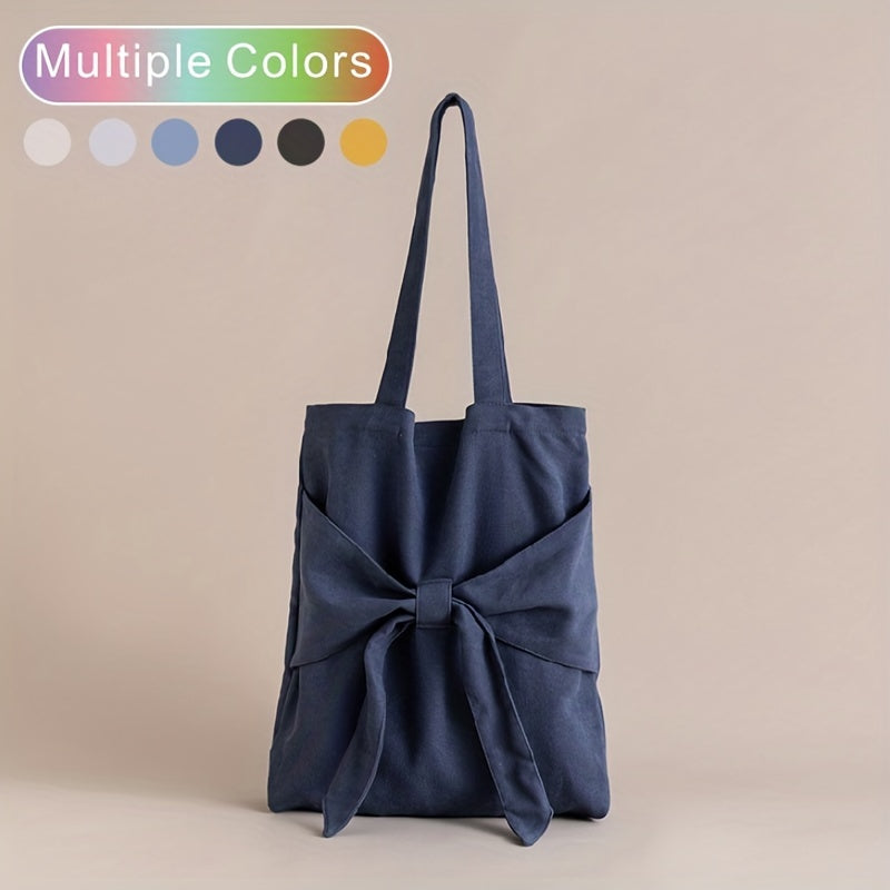 Bowknot Decor Canvas Shoulder Bag Tote Bag Solid Handbag For School Travel