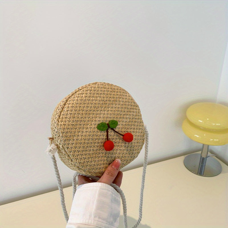 Straw Cherry Mini Shoulder Bag Zipper Round Crossbody Bag