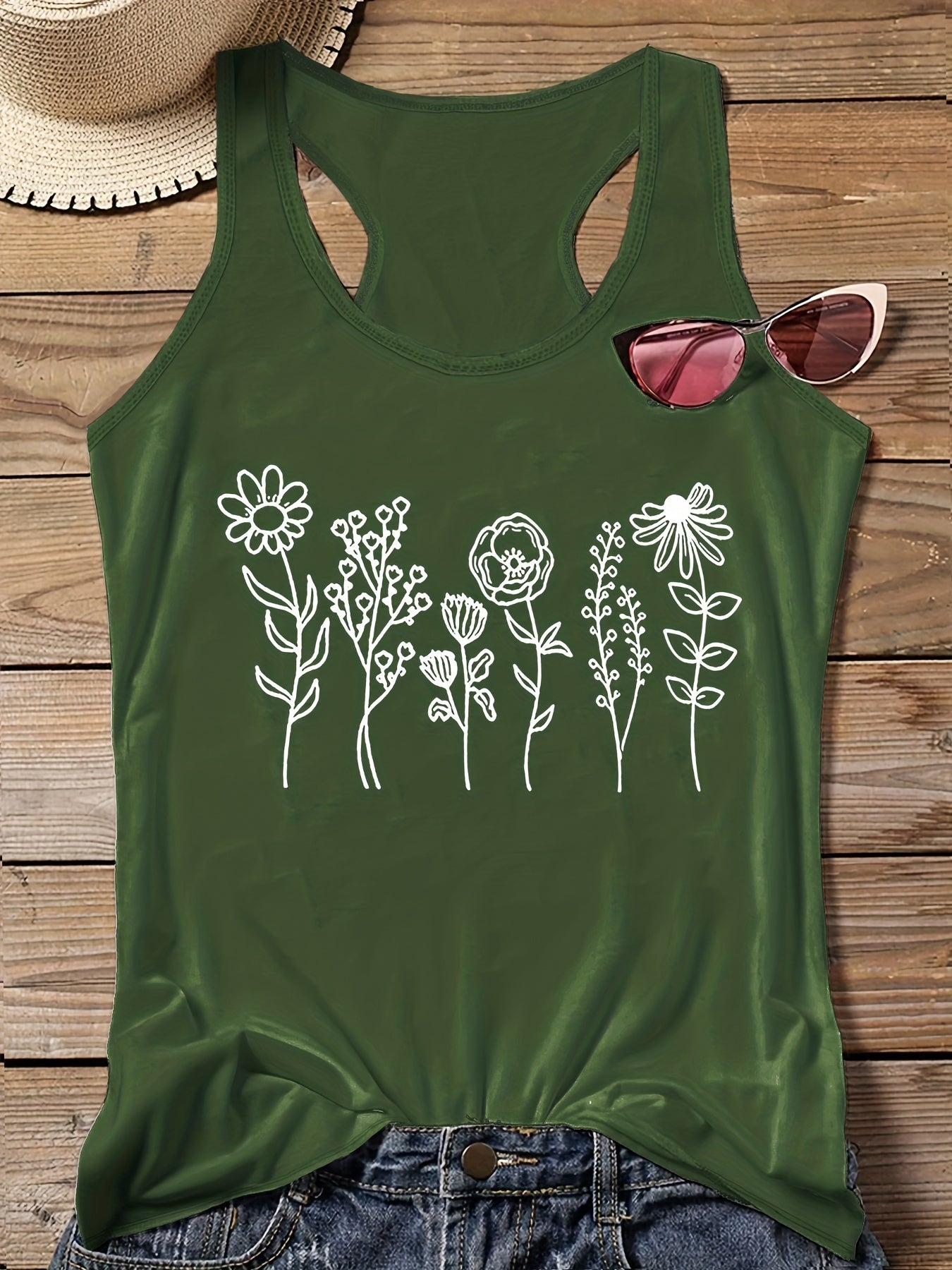  Casual Tank Top Women's Plus Floral Print Round Neck Slight Stretch