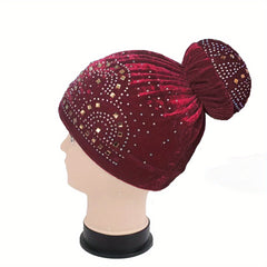 Pom Pom Rhinestone Turban Velvet Head Wrap Chemo Cap