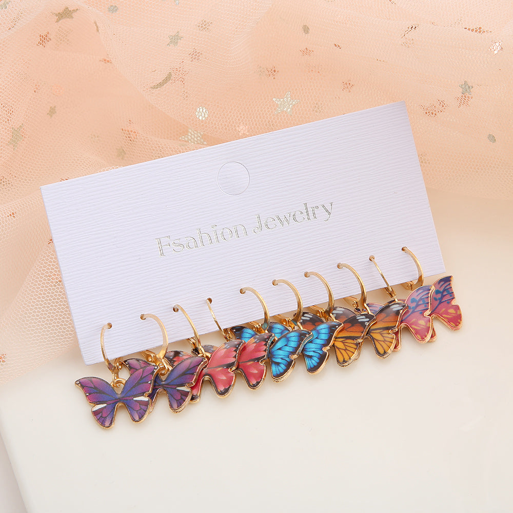 5 Pairs Colorful Butterfly Drop Earrings Set