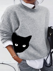  Cat Print Casual Sweater Round Neck Jumper