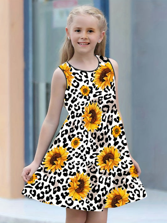 Leopard Sunflower Print Sleeveless T Shirt Dress for Girls