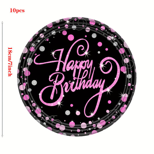 10pcs Pink Birthday Tableware Set Plates Cups Napkins Birthday Decorations