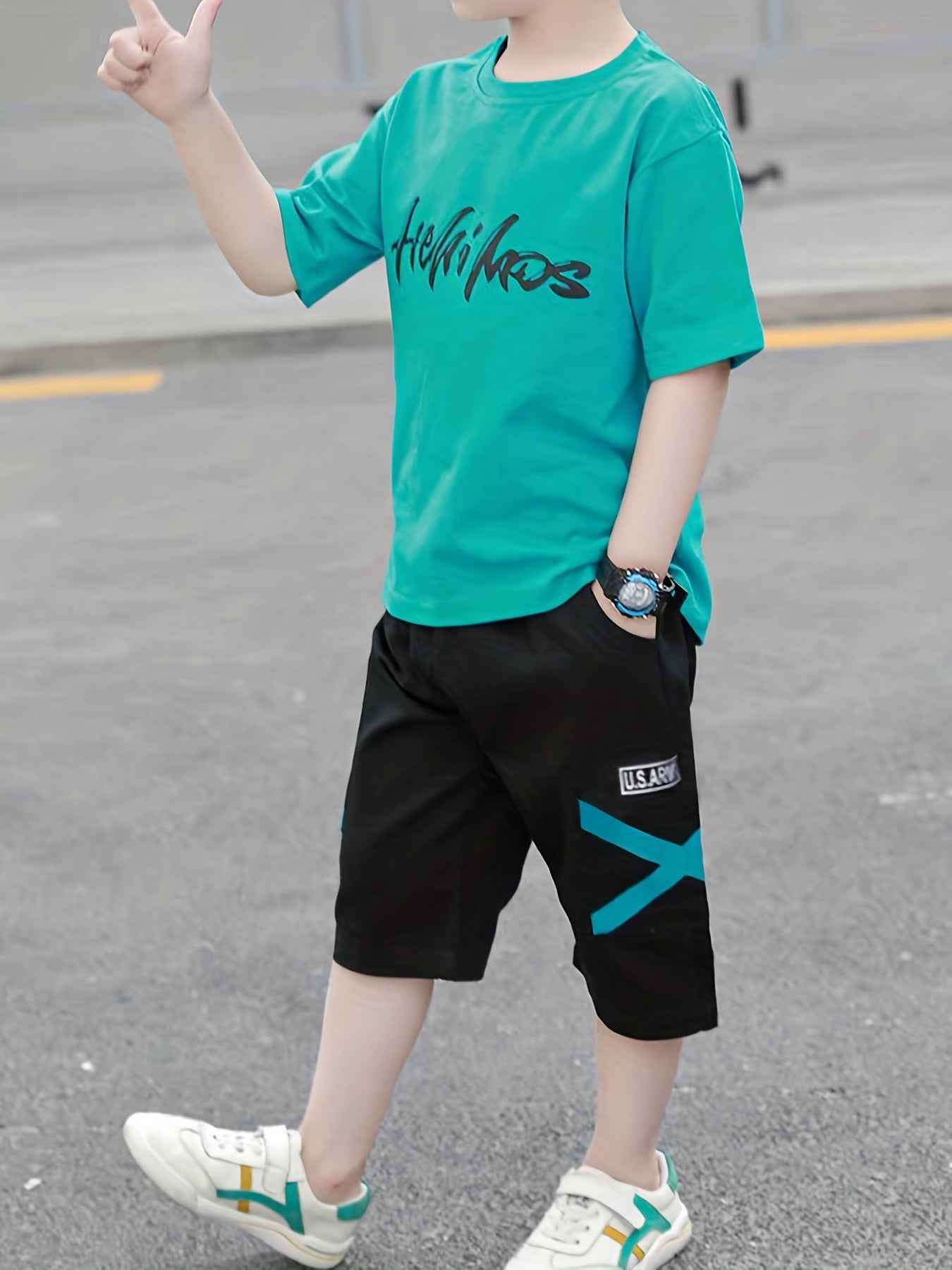 Boys Cartoon & Letter TShirt Set Round Neck Tees Top & Elastic Waist Shorts