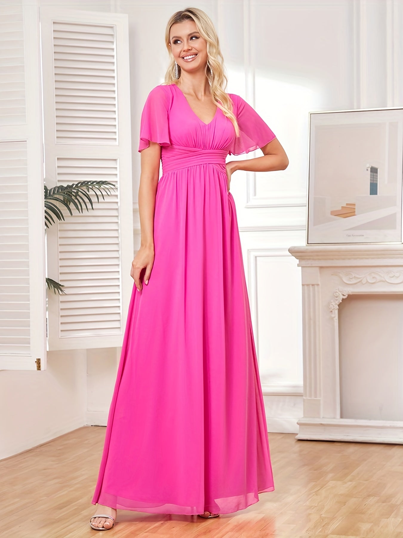 Solid V Neck Bridesmaid Dress Short Sleeve Maxi Wedding Party Dress