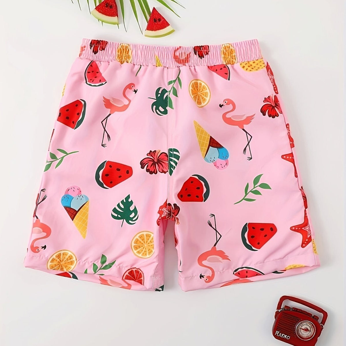Boy's Dino Print Swim Trunks Elastic Waist Shorts for Summer Vacation