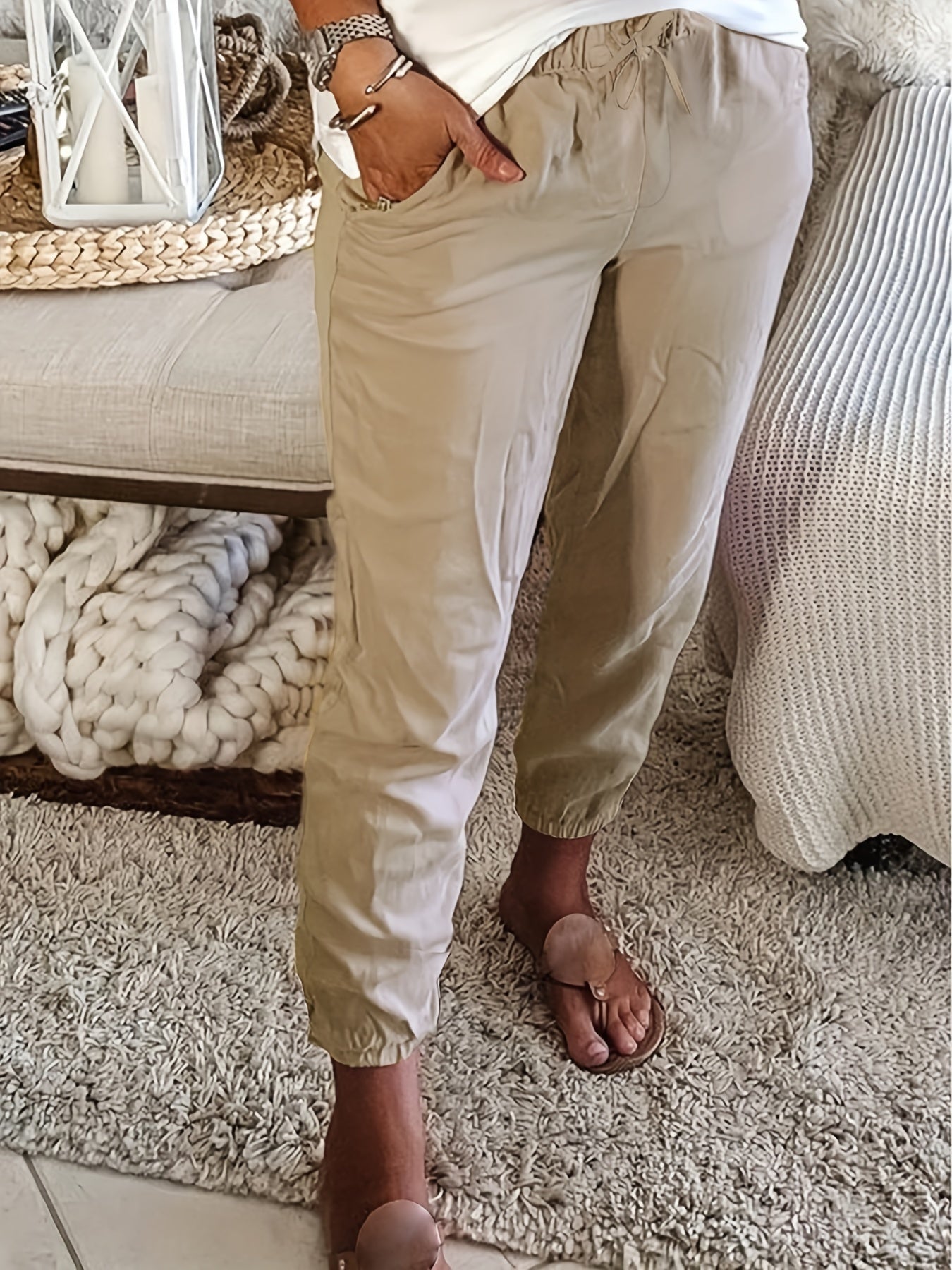  Solid Elastic Drawstring Tapered Leg Pants With Pockets