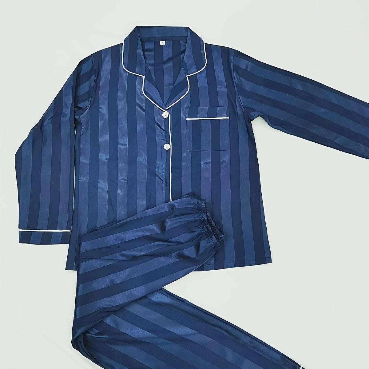 Striped Satin Pajama Set Long Sleeve Buttons Top & Elastic Waistband