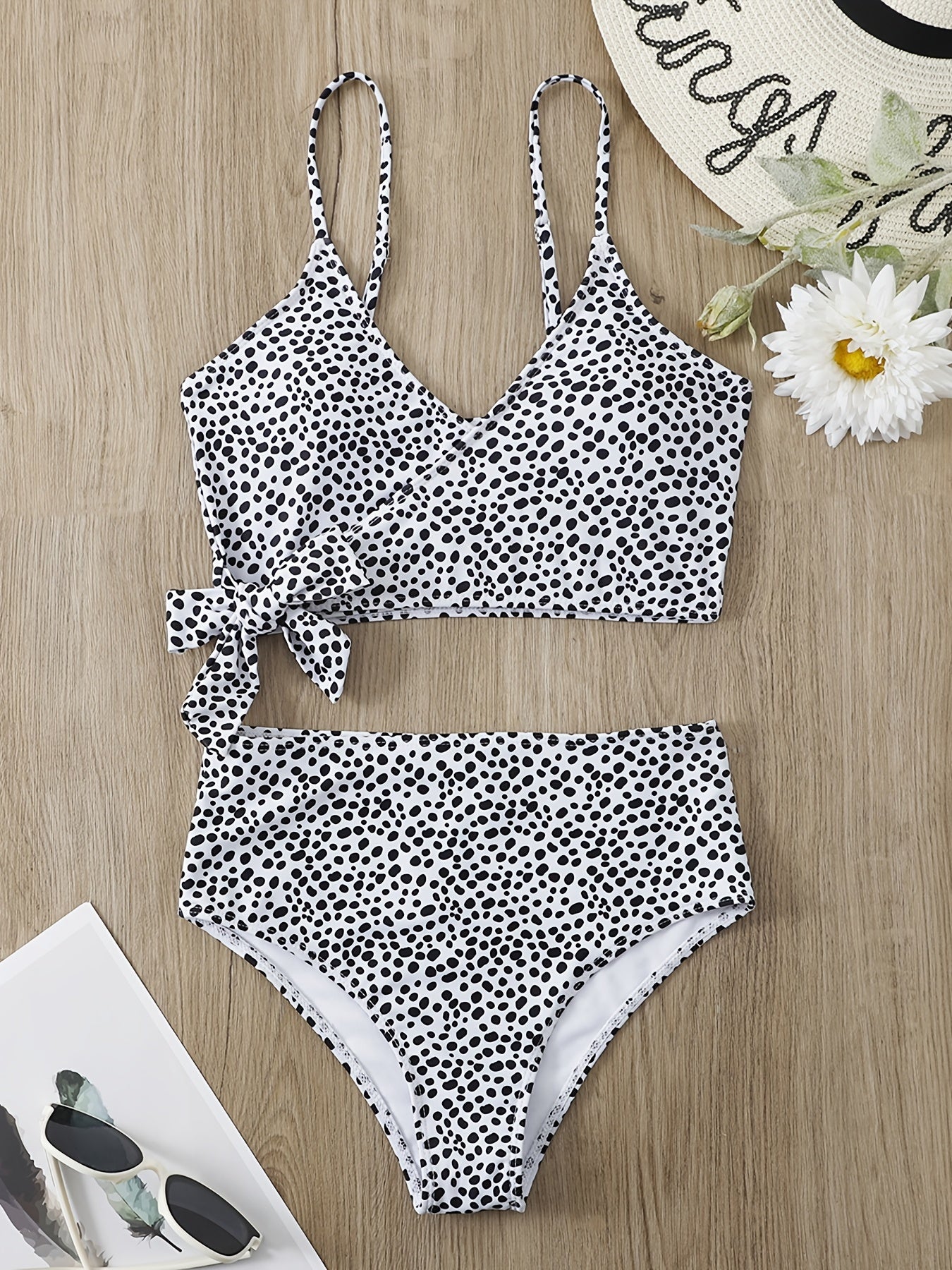 Polka Dot Bikini Set V Neck Bow Tie Spaghetti Straps High Rise
