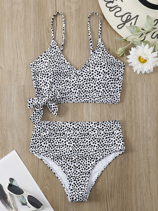 Polka Dot Bikini Set V Neck Bow Tie Spaghetti Straps High Rise