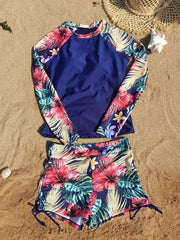 Floral Print Drawstring Swimsuit Long Sleeve Tropical Print 2 Piece Bathing Suit