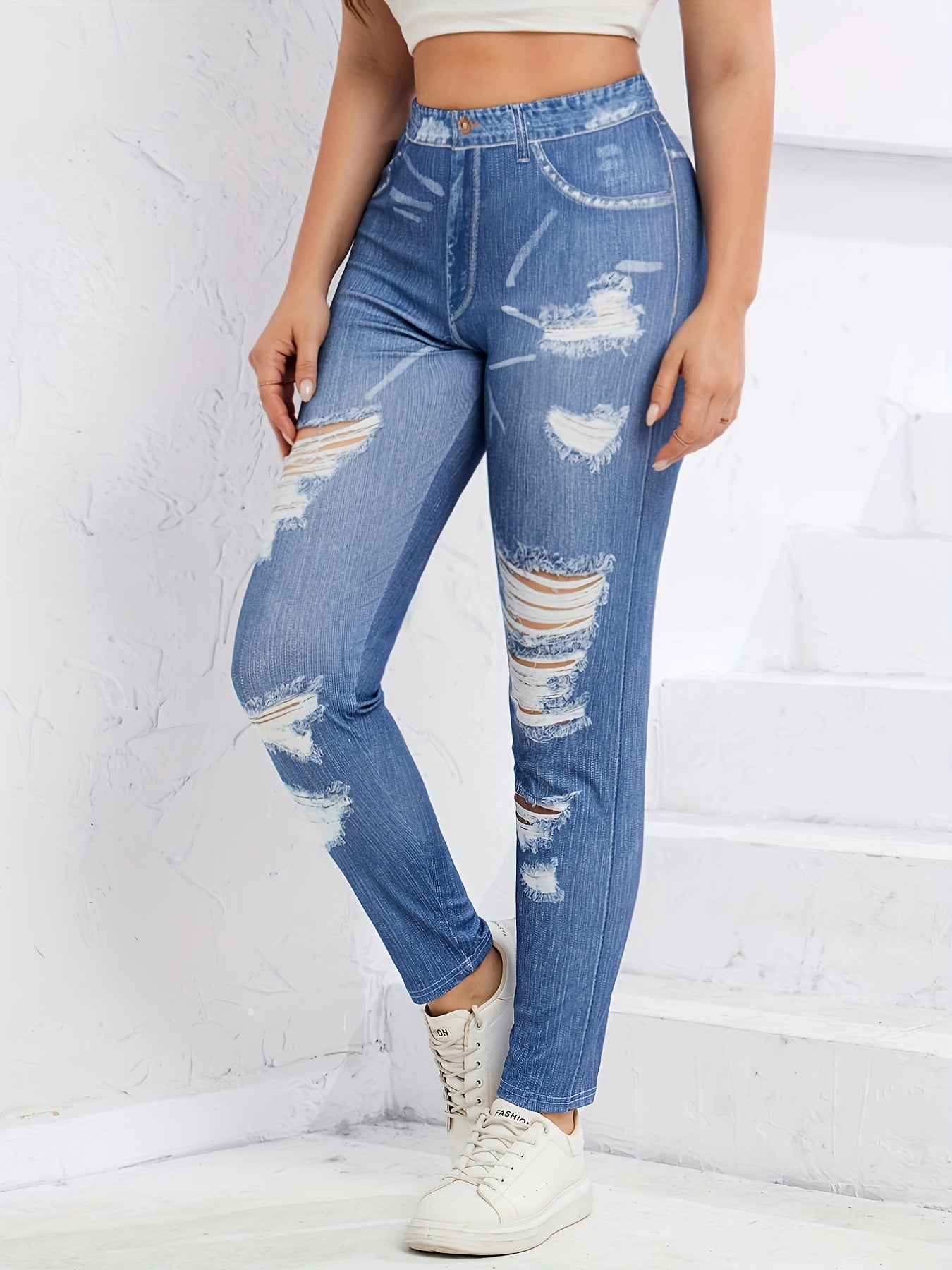 High Waist Ripped Slim Jeggings for Women