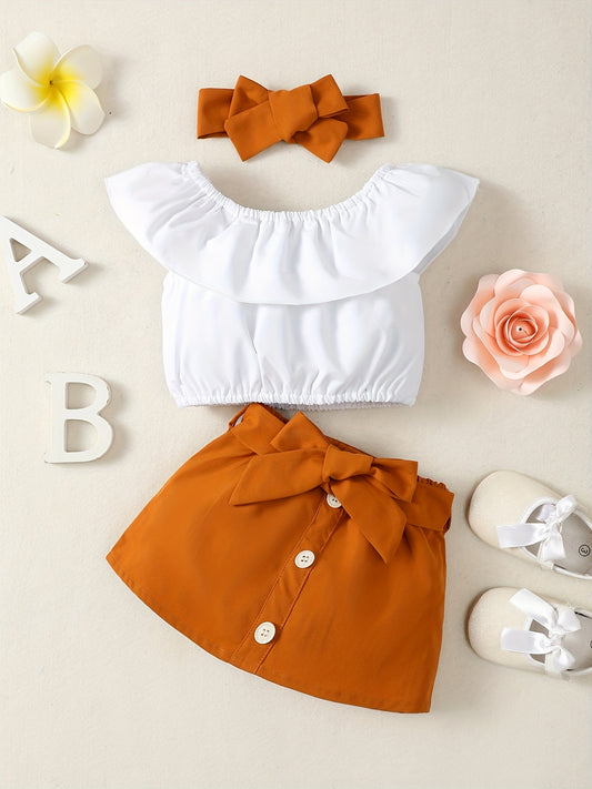 3pcs Baby Girl Dress Suit Off Shoulder Tops & Skirt & Headband Summer Outfits