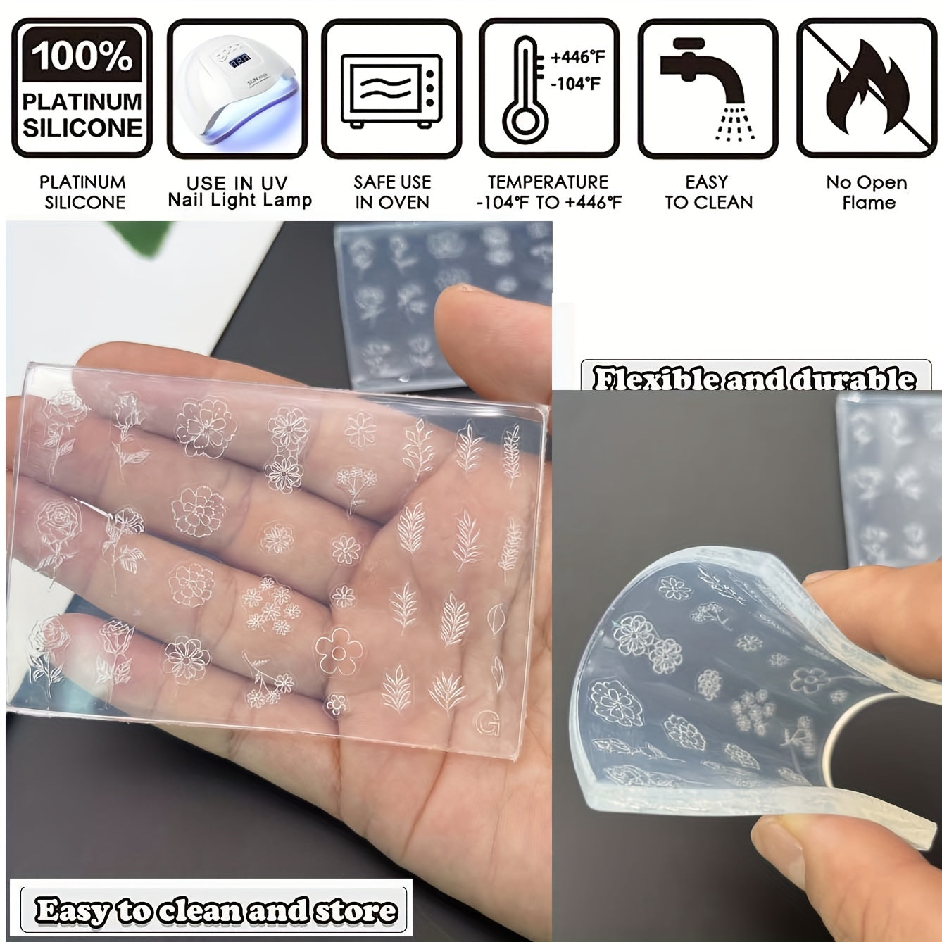 Silicone Mold Flowers Leaves Roses Embossed Nail Decorations DIY