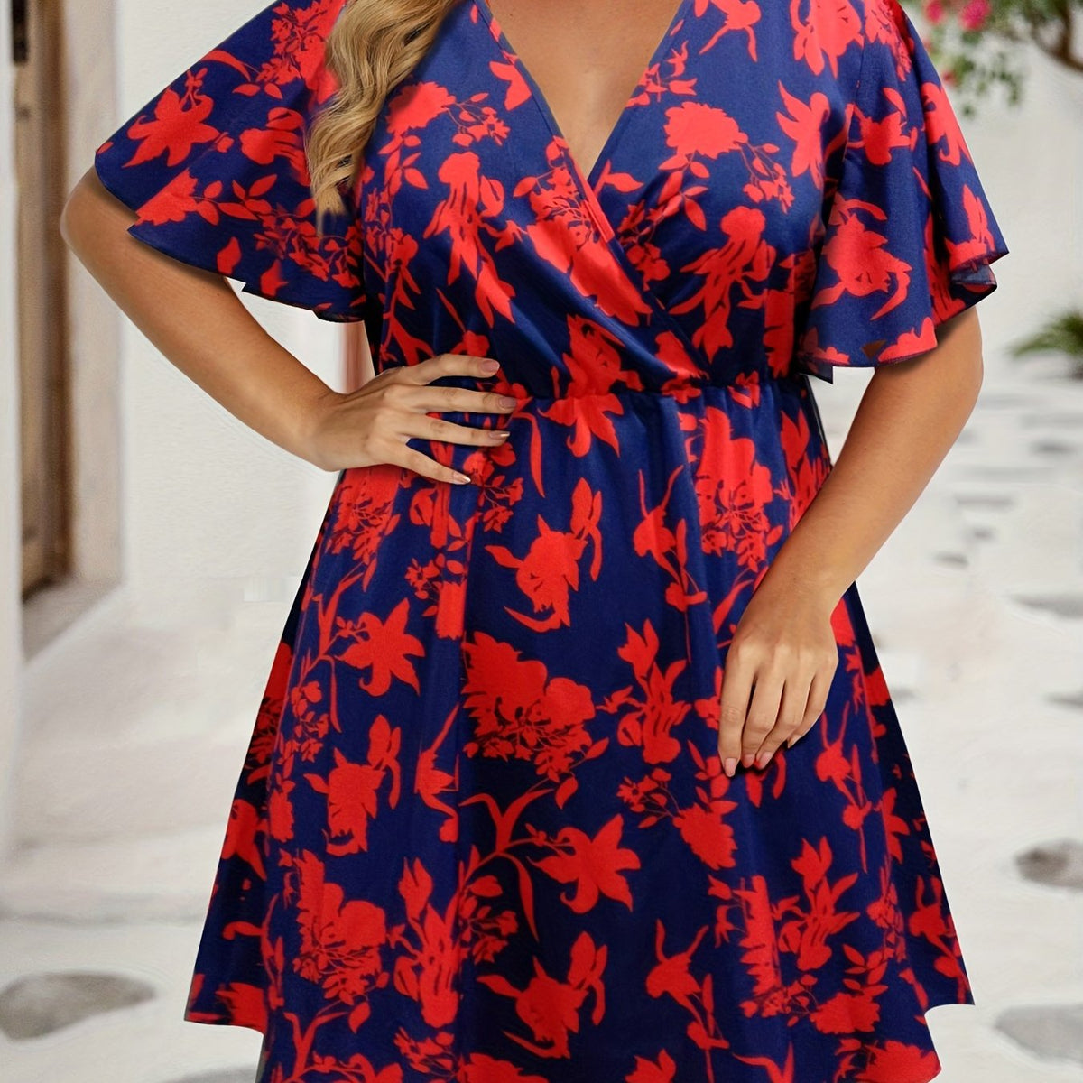  Floral Print Flutter Sleeve Midi Dress