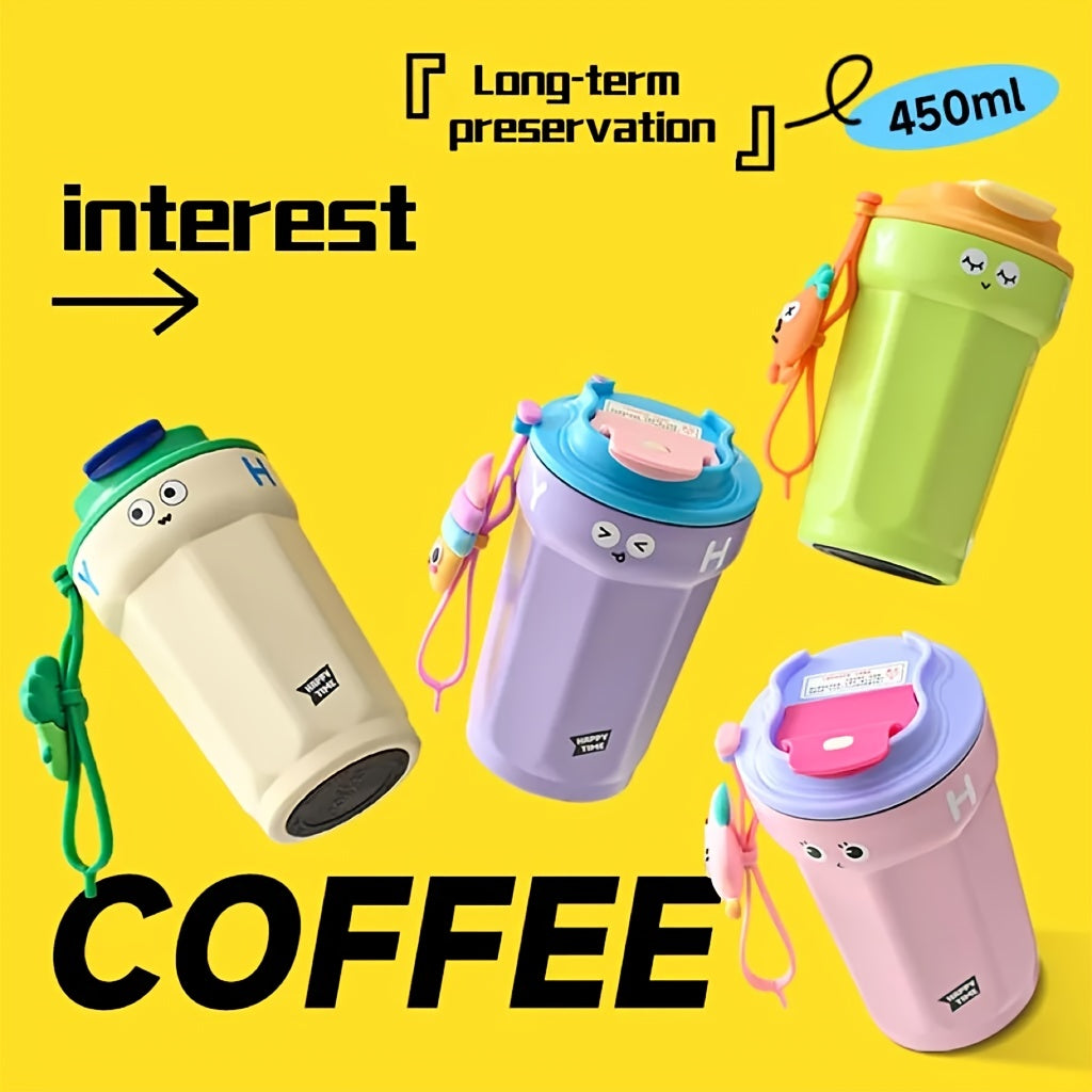 450ml Solid Coffee Cup Cartoon Strap Stainless Steel Water Cup