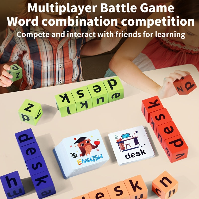Word Race Cube Game Educational Toy with Wooden Blocks & Alphabet Cards