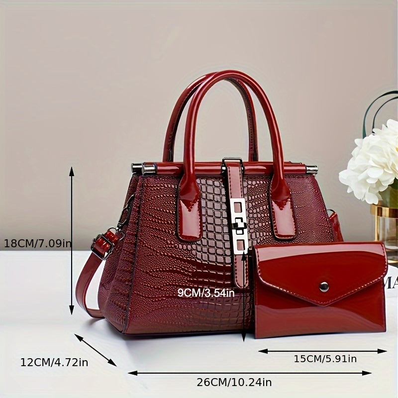 Crocodile PU Leather Tote Bag Set with Clutch - 2 Piece Lady Purse