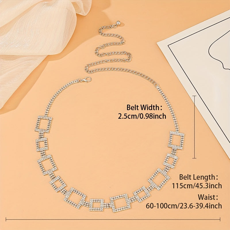 Square Rhinestone Waist Chain Hollow Waistband for Women