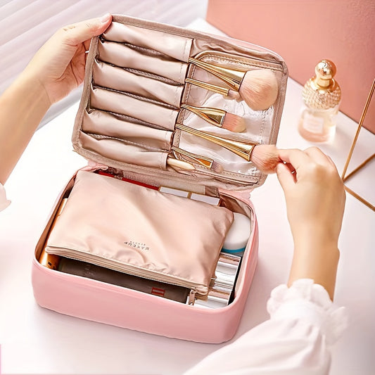 Large Capacity Travel Makeup Bag with Handle & Brush Holder