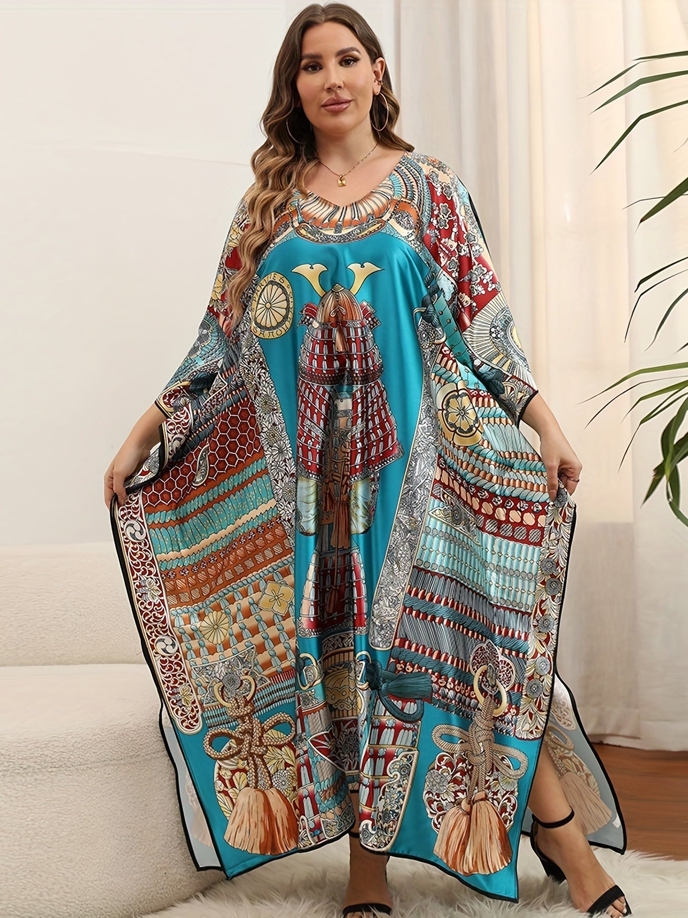  Boho Cover Up Women's Plus Graphic Print Bat Sleeve V Neck