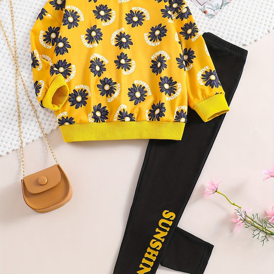 Girl's 2pcs Sweatshirt & Leggings Set Sunflower Print Top Casual Outfits