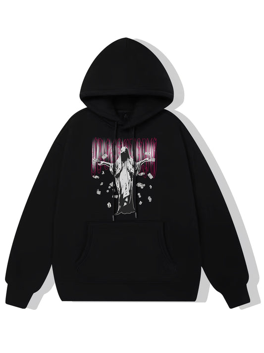 Man In The Cloak Print Hoodie Fleece Pullover