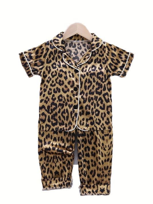 Kid's Leopard Satin Pajama Set Short Sleeve Top & Pants