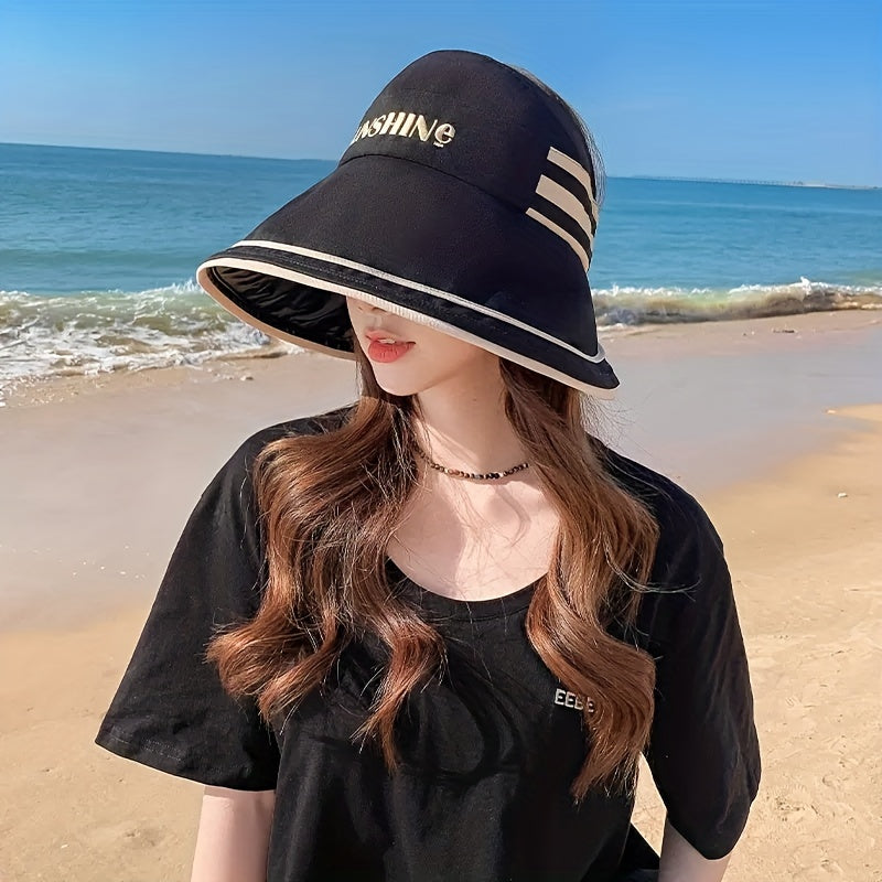 Sunshine Embroidery Ponytail Visor Hat Wide Brim UV Protection Sun Hat