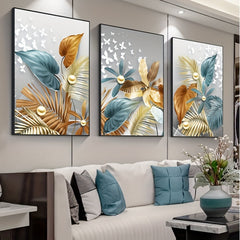 3pcs Butterfly Golden Leaves Canvas Wall Art