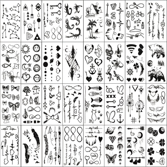32 Sheet Temporary Tattoo Set Mix Hearts Butterflies Moons Planets