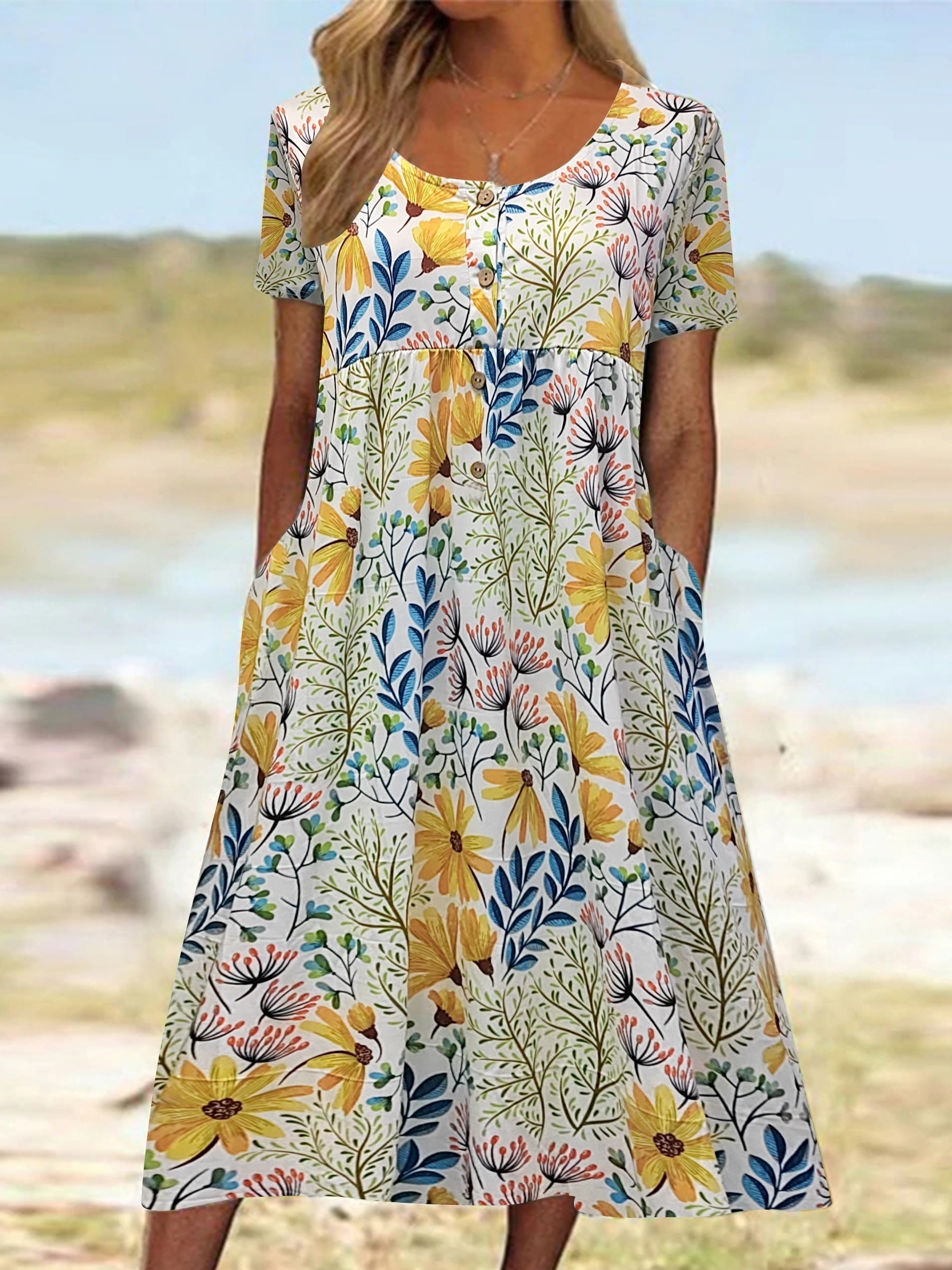 Floral Print Dress w/ Pockets - Elegant Design for Any Occasion