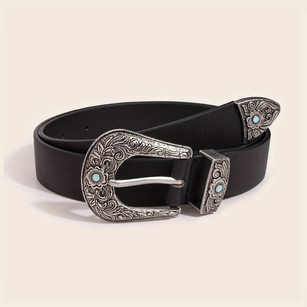 Western Turquoise Engraved Buckle Belt Vintage PU Leather Jeans Pants Belt